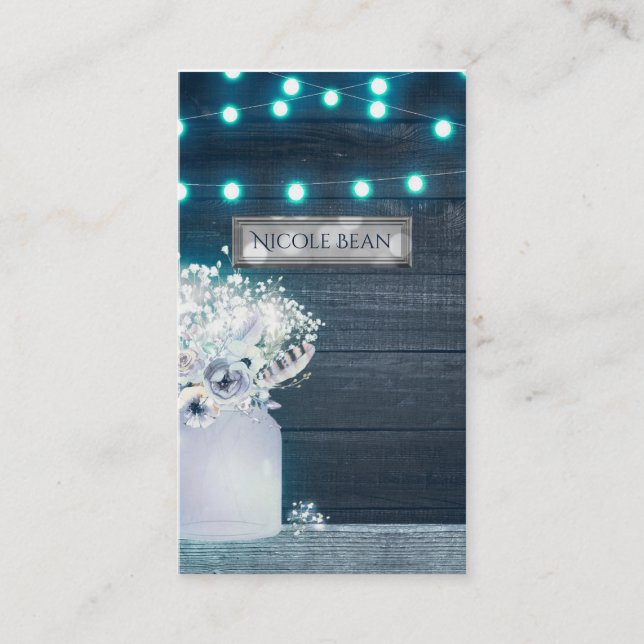 Floral Mason Jar & Blue Lights Rustic Wedding Business Card (Front)