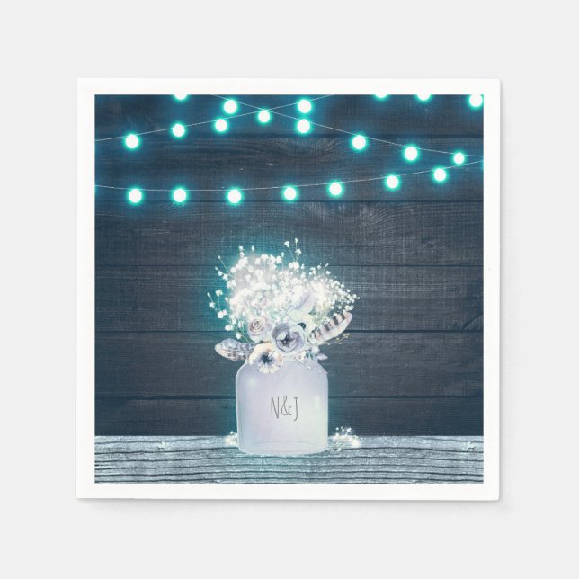 Floral Mason Jar & Blue Lights Rustic Wedding Paper Napkins (Front)
