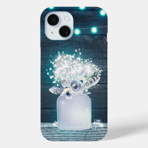 Floral Mason Jar & Blue String Lights Rustic iPhone 15 Case