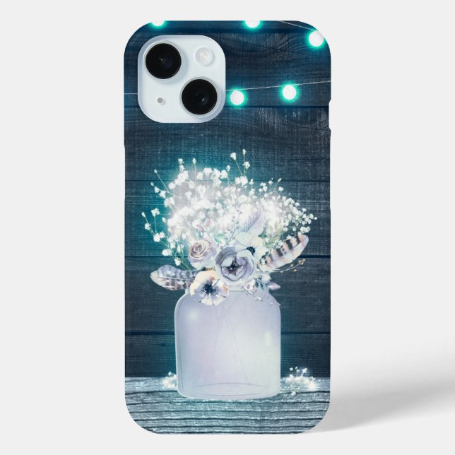 Floral Mason Jar & Blue String Lights Rustic Case-Mate iPhone Case (Back)
