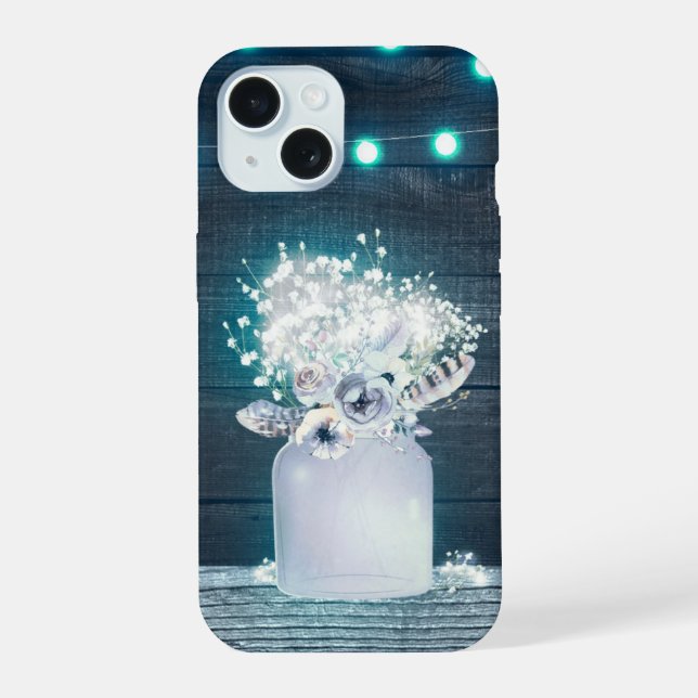 Floral Mason Jar & Blue String Lights Rustic Iphone Case (Back)