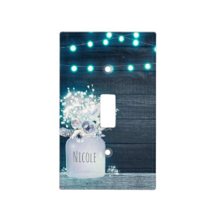 Floral Mason Jar & Blue String Lights Rustic Light Switch Cover