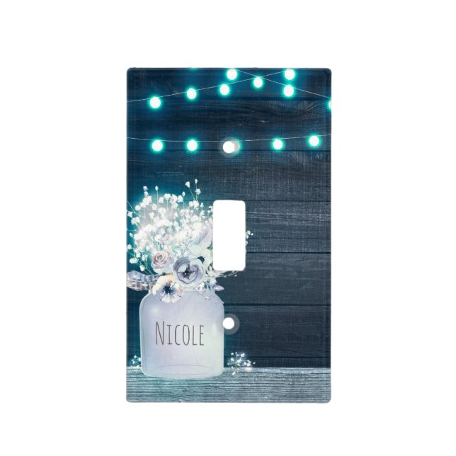 Floral Mason Jar & Blue String Lights Rustic Light Switch Cover (Front)