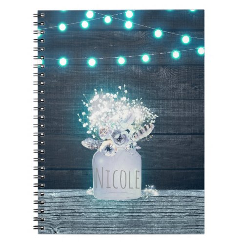 Floral Mason Jar  Blue String Lights Rustic Notebook