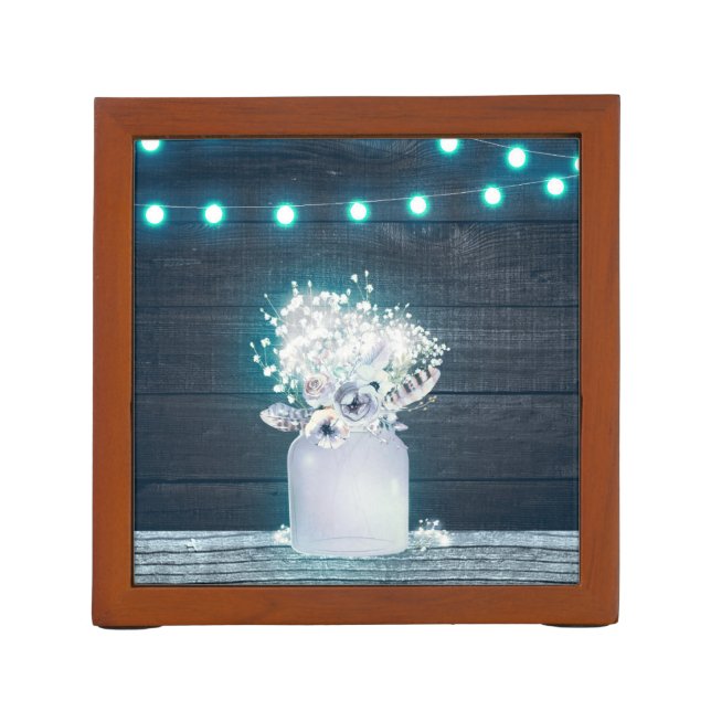 Floral Mason Jar & Blue String Lights Rustic Pencil Holder (Back)