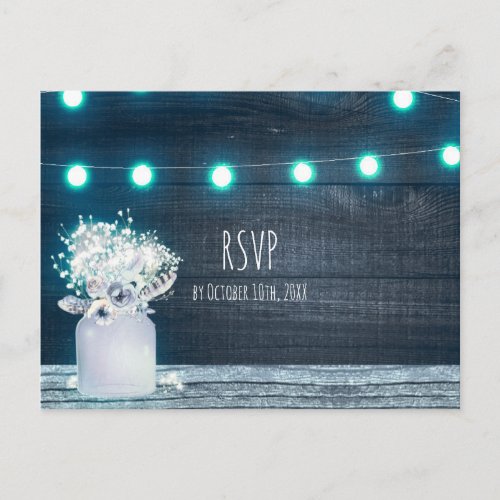 Floral Mason Jar  Blue String Lights Rustic RSVP Invitation Postcard