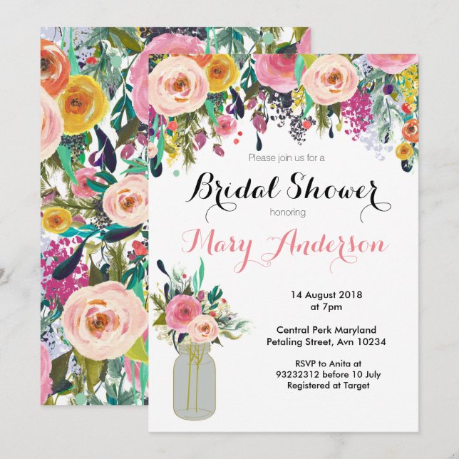 Floral Mason Jar Bridal Shower Invitations (Front/Back)