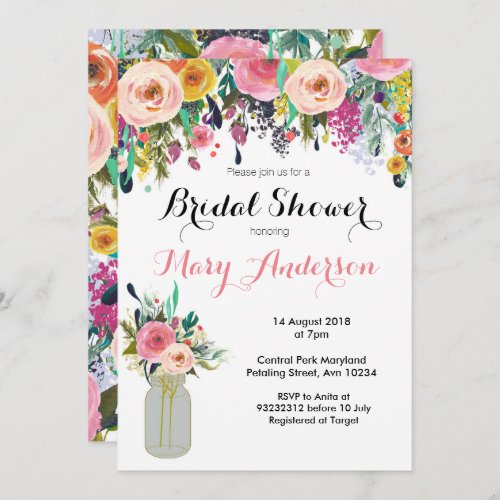 Floral Mason Jar Bridal Shower Invitations