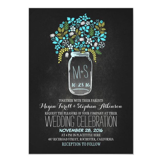 Floral Mason Jar Chalkboard Wedding Invitations