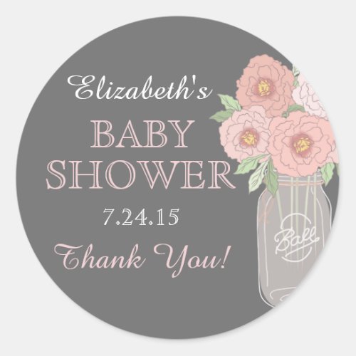 Floral Mason Jar Gray Pink Baby Shower Sticker