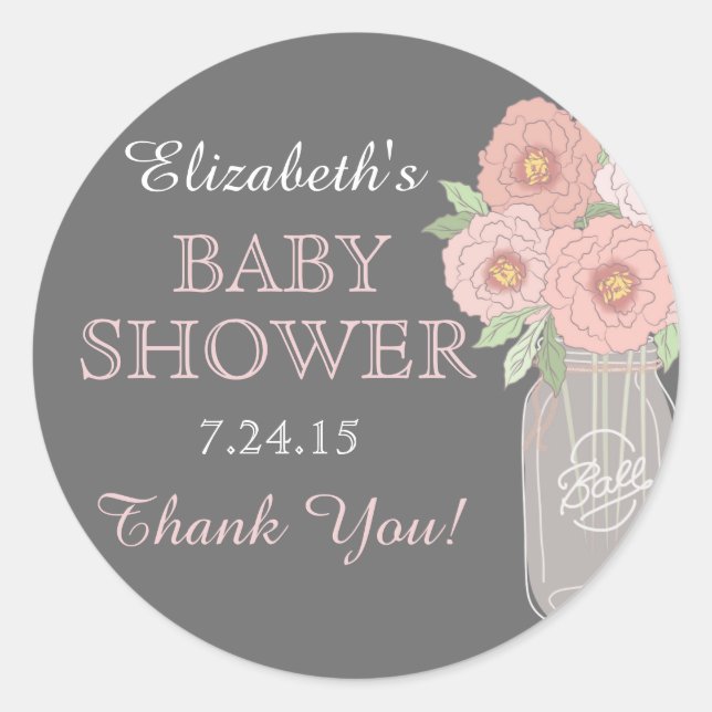 Floral Mason Jar Gray Pink Baby Shower Sticker (Front)