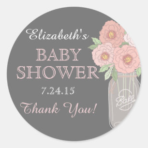 Floral Mason Jar Gray Pink Baby Shower Sticker