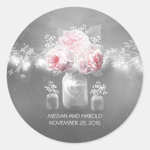 Floral Mason Jar Grey Pink Wedding Classic Round Sticker