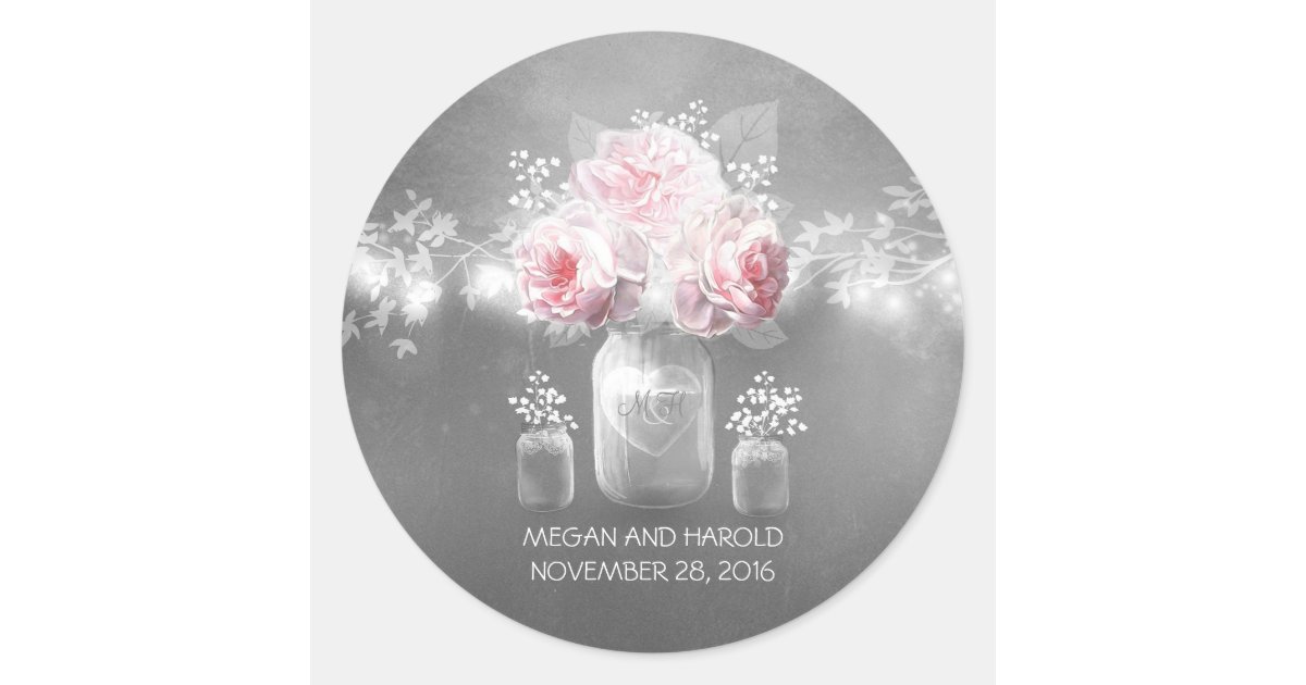 Floral Mason Jar Grey Pink Wedding Classic Round Sticker | Zazzle