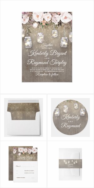 Floral Mason Jar Lights Wedding Invitation Set