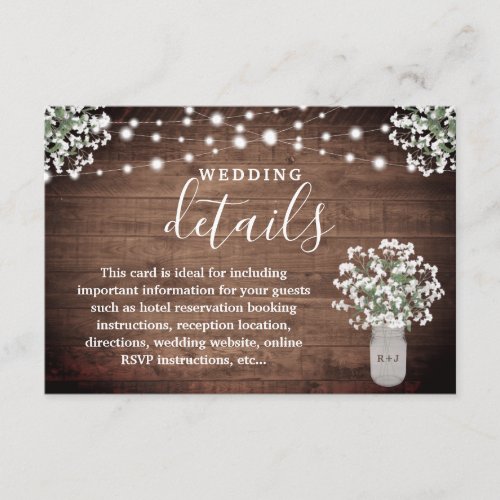 Floral Mason Jar Lights  Monogram Wedding Details Enclosure Card
