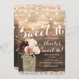 Floral Mason Jar & Lights Rustic Country Sweet 16 Invitation