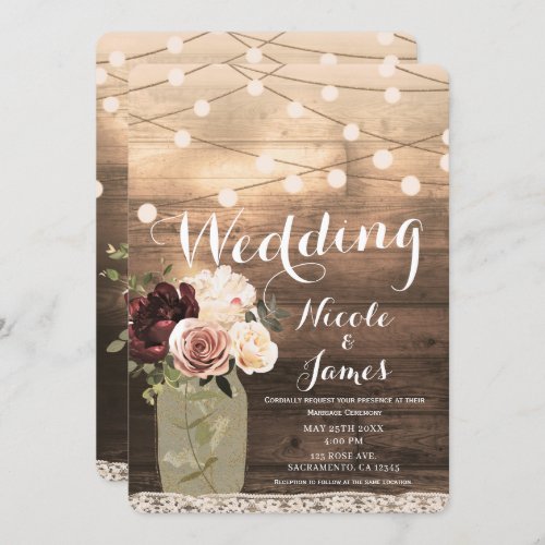 Floral Mason Jar  Lights Rustic Country Wedding Invitation