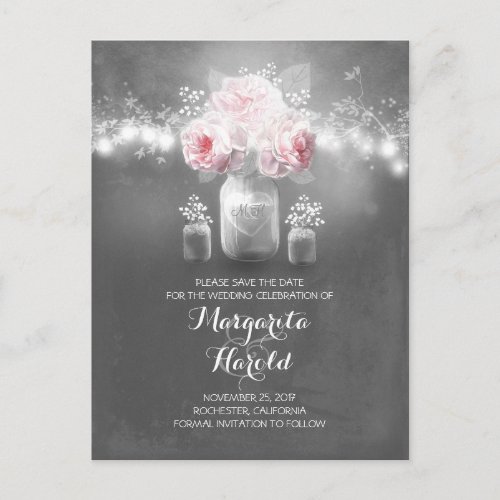 Floral mason jar lights rustic save the date announcement postcard