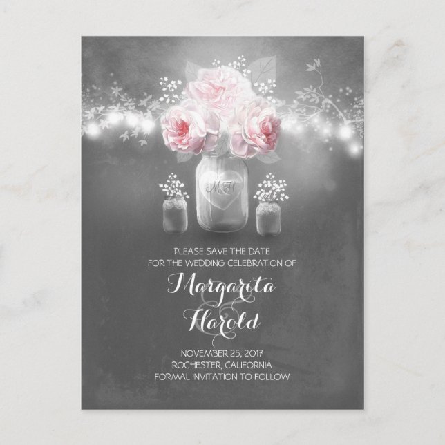 Floral mason jar lights rustic save the date announcement postcard (Front)