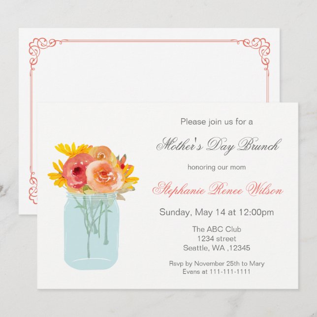 Floral Mason Jar Mother's Day Brunch Invites (Front/Back)