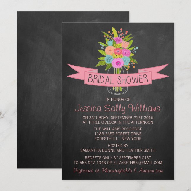 Floral Mason Jar On Chalkboard Bridal Shower Invitation (Front/Back)
