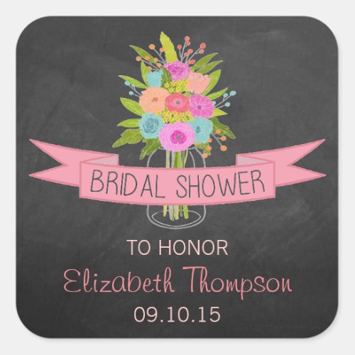 Floral Mason Jar On Chalkboard Bridal Shower Square Sticker