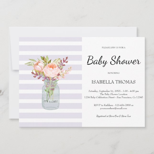 Floral Mason Jar Purple Stripes Baby Shower Invitation (Front)