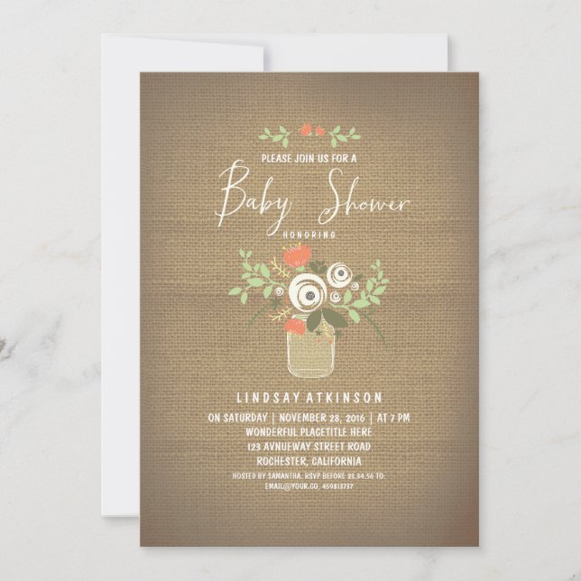 Floral Mason Jar Rustic Burlap Baby Shower Invitation (Front)