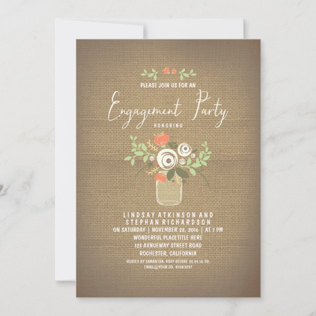 Floral Mason Jar Rustic Burlap Engagement Party Invitation (Front)