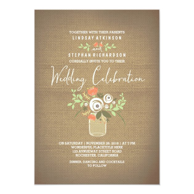 Floral Mason Jar Rustic Burlap Wedding Invitation