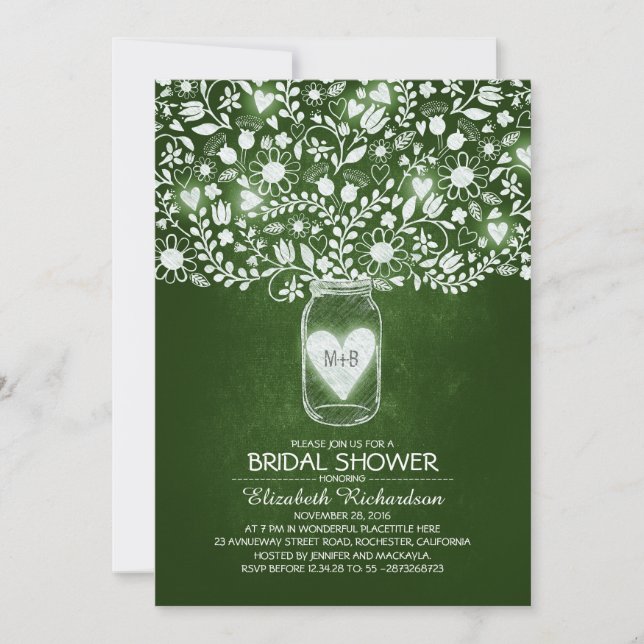 floral mason jar rustic green bridal shower invitation (Front)