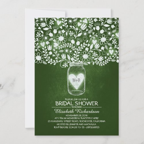 floral mason jar rustic green bridal shower invitation