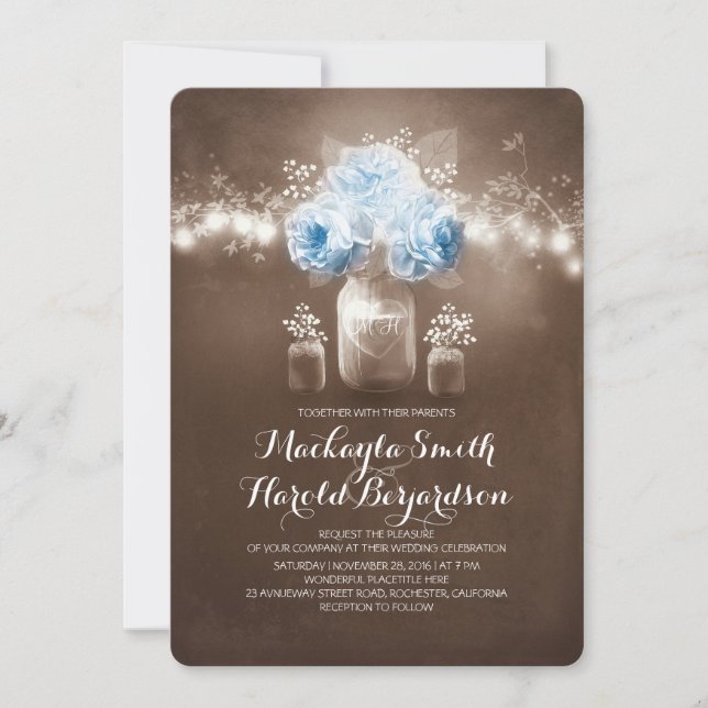 floral mason jar rustic string lights wedding invitation (Front)