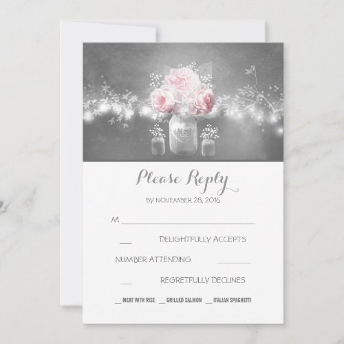 floral mason jar rustic string lights wedding RSVP