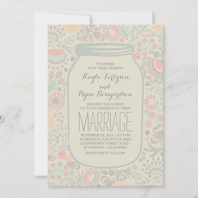Floral Mason Jar Rustic Wedding Invitation (Front)