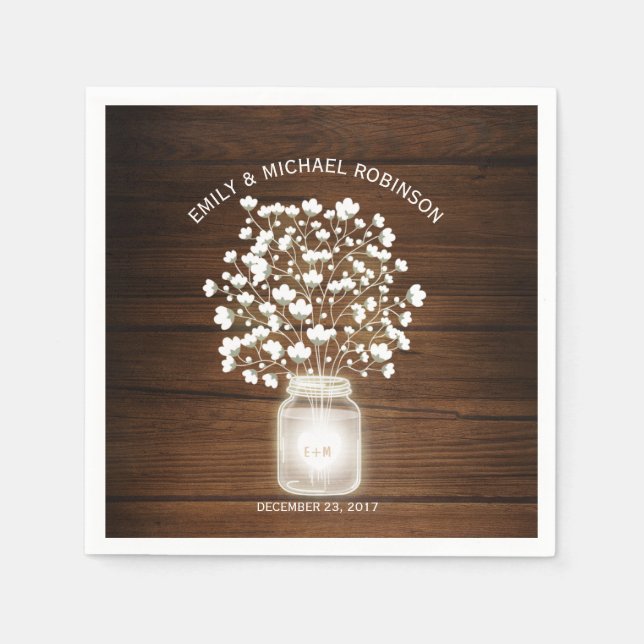 Floral mason jar rustic wedding paper napkins (Front)
