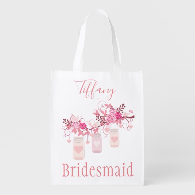Floral Mason Jars Bridesmaid Theme Grocery Bag (Front)