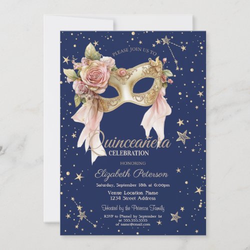 Floral Masque Stars Navy Blue Quinceañera