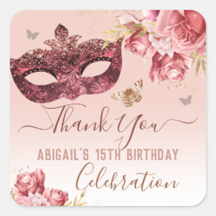 Floral Masquerade Pink Happy 15th Birthday Square Sticker