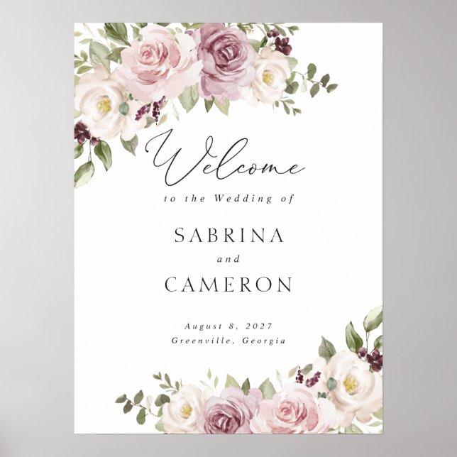Floral Mauve Blush Elegant Wedding Welcome Sign (Front)