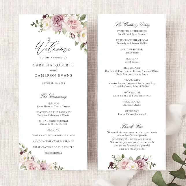 Floral Mauve Blush Greenery Elegant Script Wedding Program | Zazzle