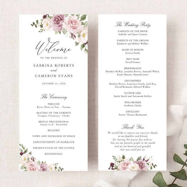 Floral Mauve Blush Greenery Elegant Script Wedding Program (Creator Uploaded)