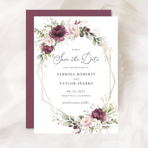 Floral Mauve Blush Greenery Gold Save The Date Invitation