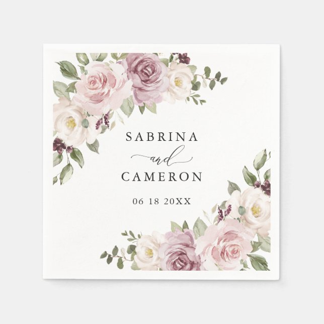 Floral Mauve Blush Greenery Personalized Wedding Napkins (Front)