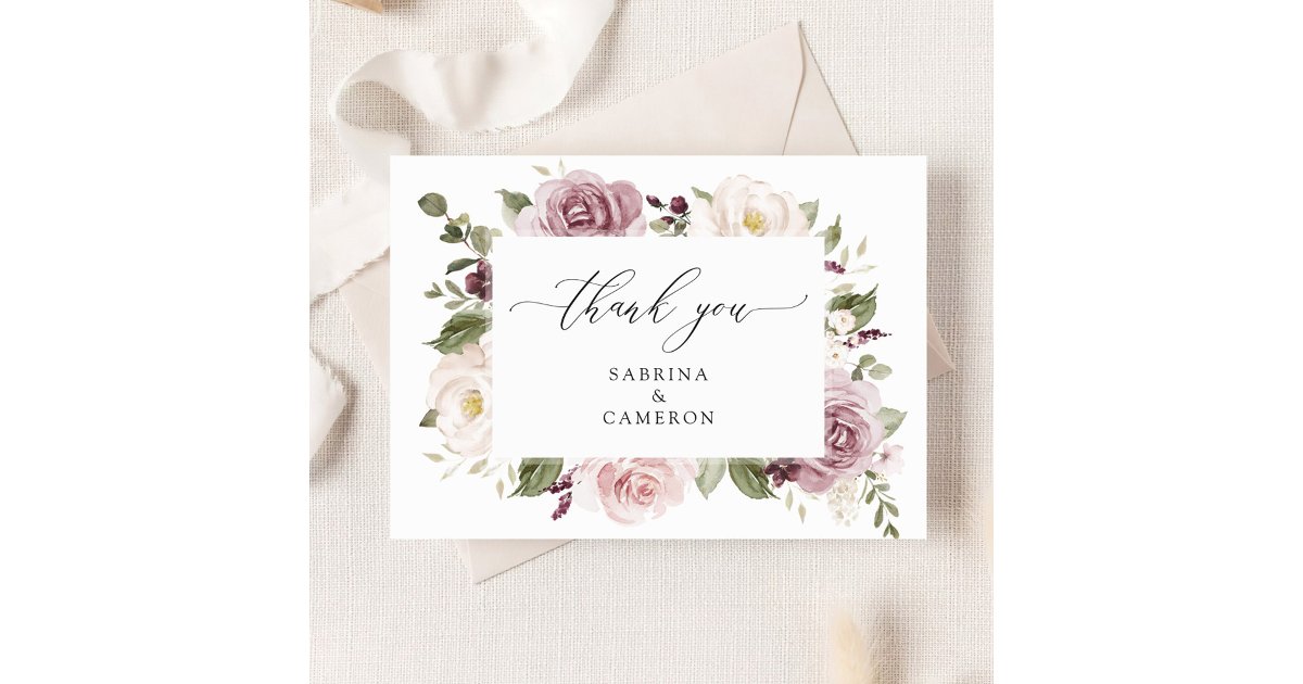 Floral Mauve Blush Greenery Wedding Thank You Card | Zazzle