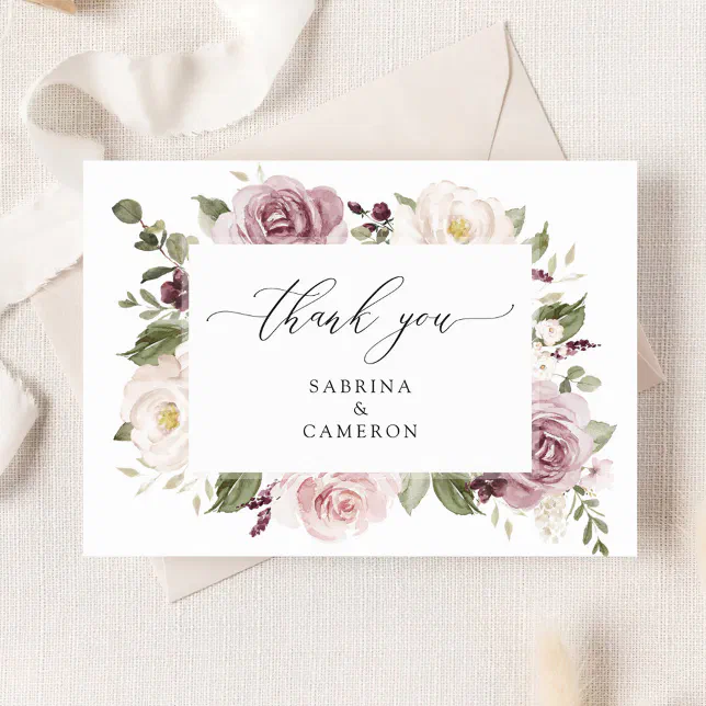 Floral Mauve Blush Greenery Wedding Thank You Card | Zazzle