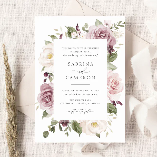 Floral Mauve Blush Greenery White Elegant Wedding Invitation | Zazzle