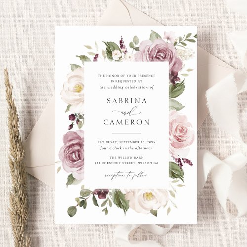 Floral Mauve Blush Greenery White Elegant Wedding Invitation