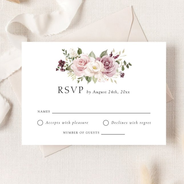 Floral Mauve Blush Greenery White Wedding RSVP Invitation (Creator Uploaded)